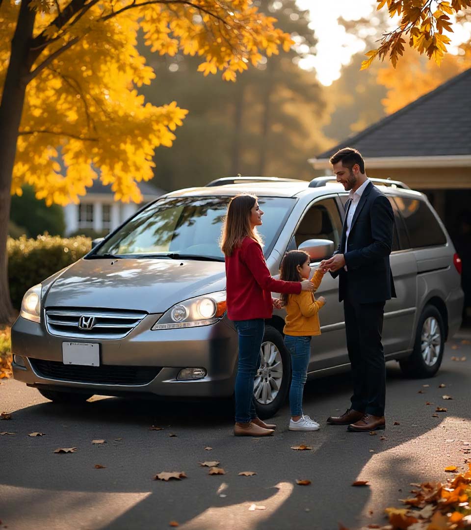 Eine Familie übergibt ein Auto an einen Händler beim Autoankauf Freiburg vor dem Haus